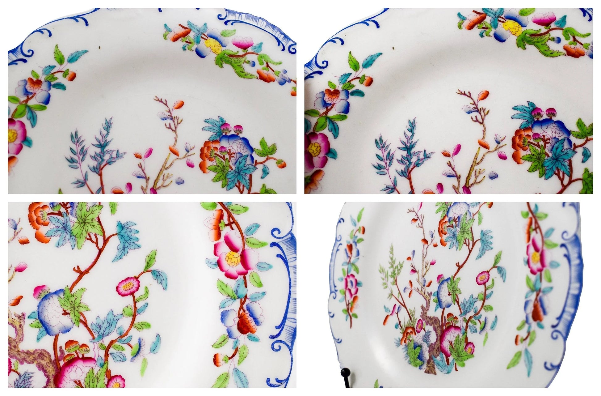 Set of six Victorian Minton porcelain Chinoiserie Indian tree dessert plates, scalloped moulded edges