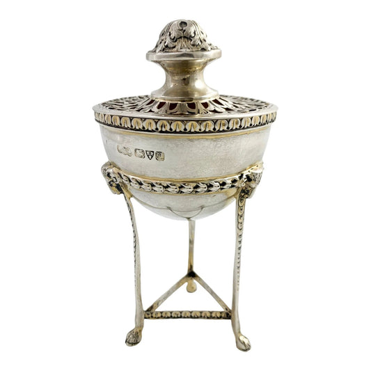 Neoclassical gilt sterling silver potpourri raised on hoof feet and cast with rams heads, Chester