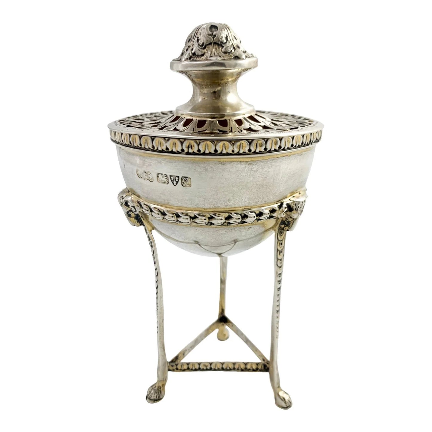 Neoclassical gilt sterling silver potpourri raised on hoof feet and cast with rams heads, Chester