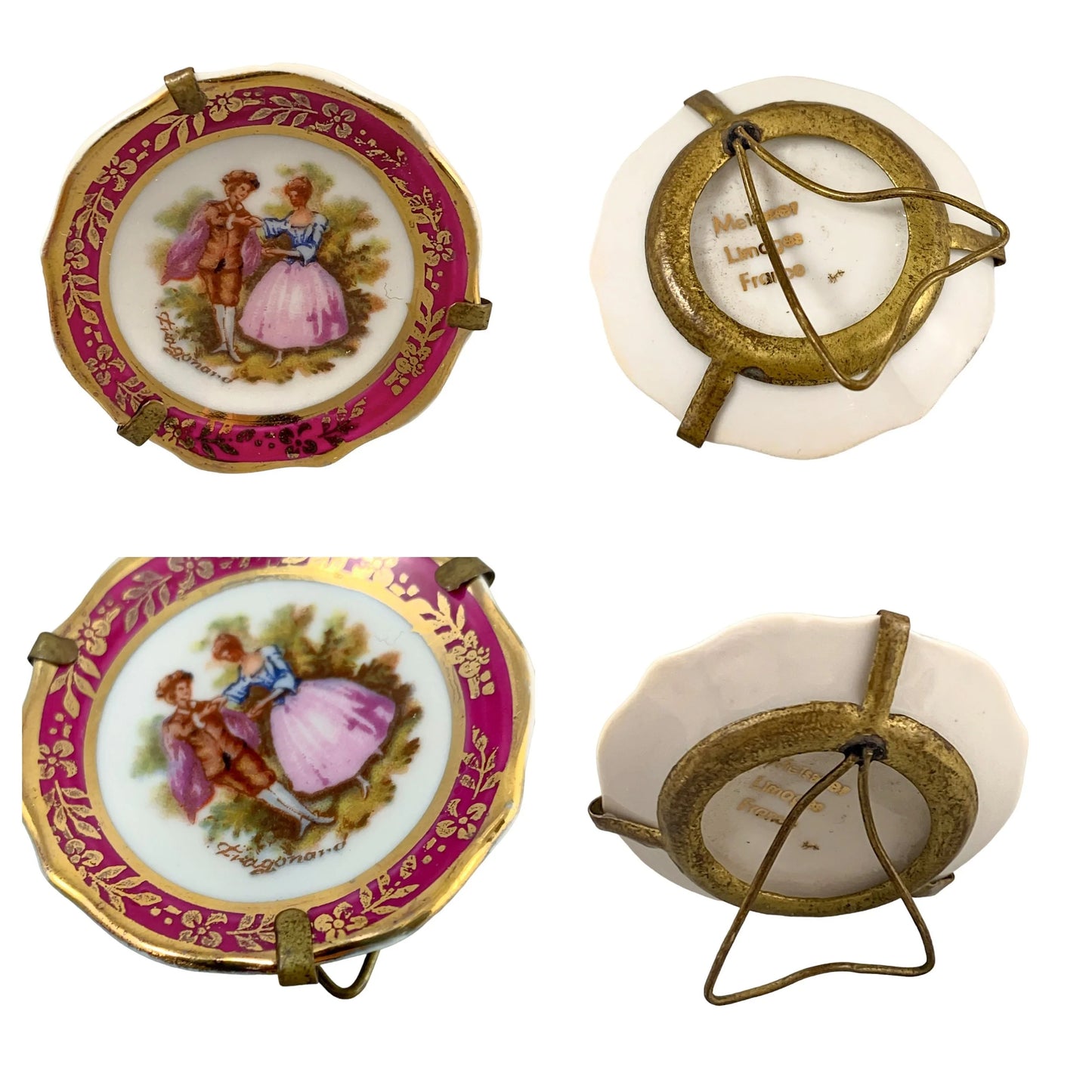 Vintage Meissner Limoges graduated set of 4 miniature fluted plates; courting couples in red and gilt