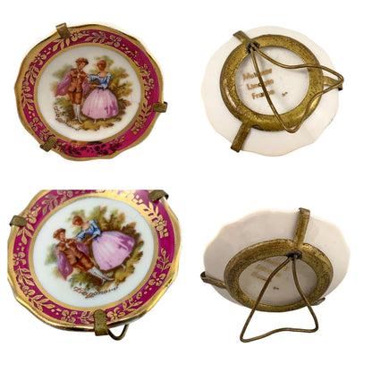 Vintage Meissner Limoges graduated set of 4 miniature fluted plates; courting couples in red and gilt