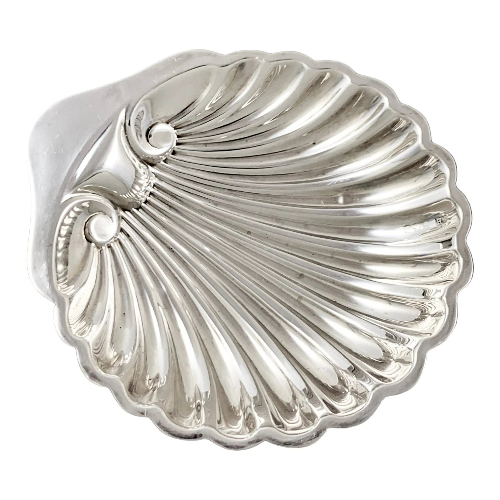 Antique sterling silver seashell butter dish with Art Nouveau mother-of-pearl knife