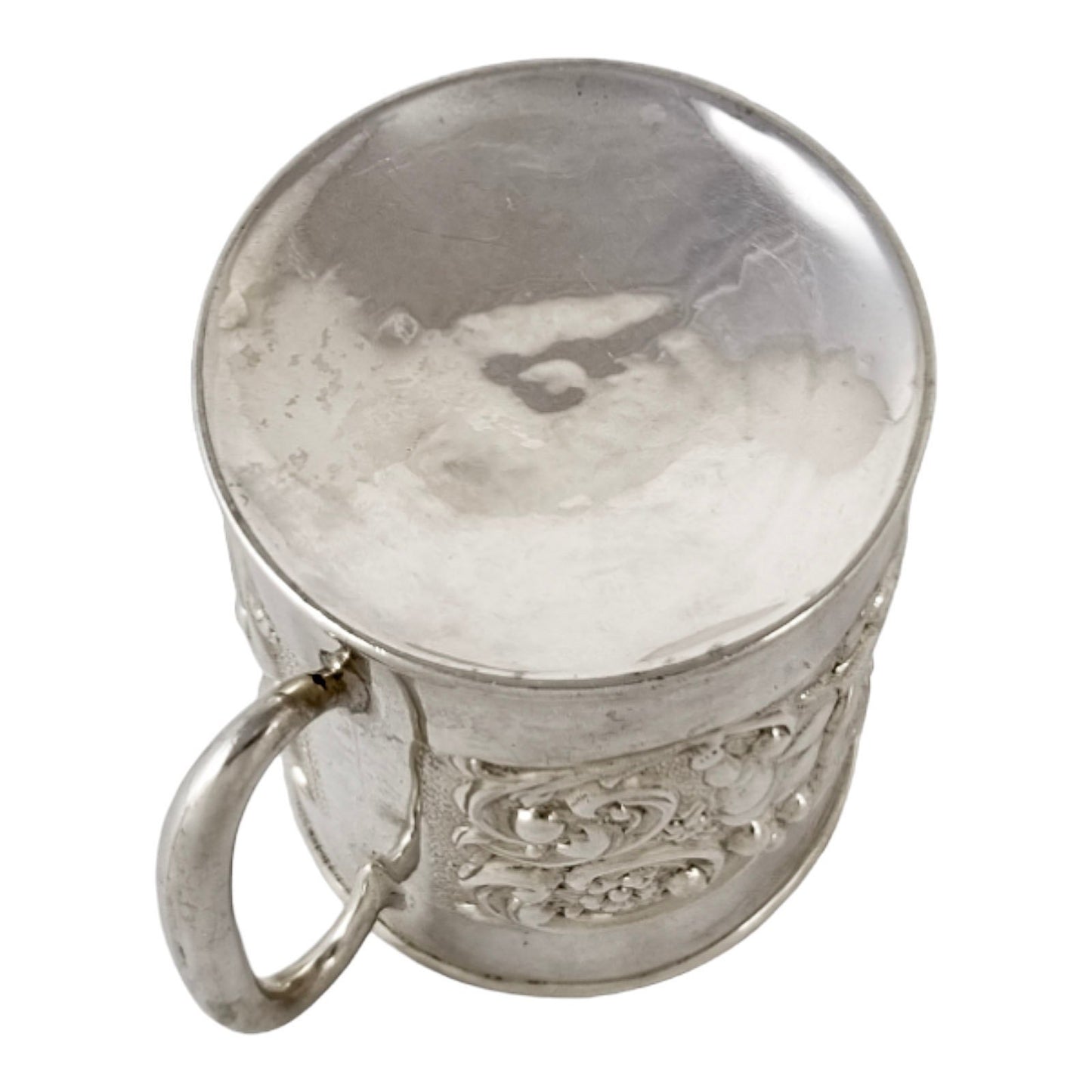 Edwardian sterling silver Christening cup embossed cherubs, rabbits and scrolling foliage, Crisford & Norris