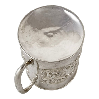 Edwardian sterling silver Christening cup embossed cherubs, rabbits and scrolling foliage, Crisford & Norris
