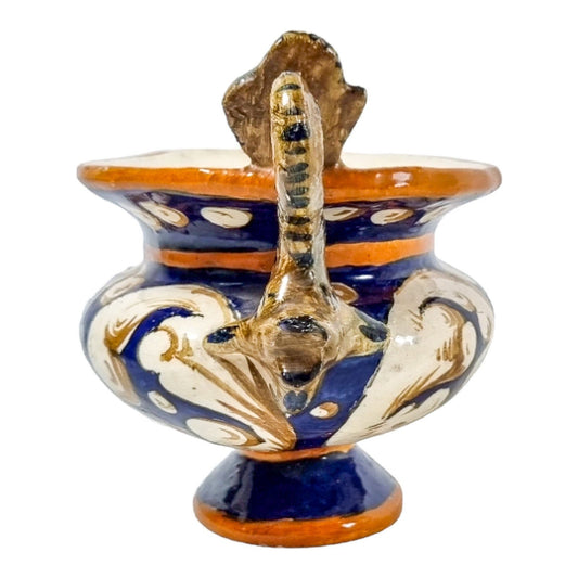 Antique Italian pottery majolica baluster bowl with Renaissance sea monster dolphin handles