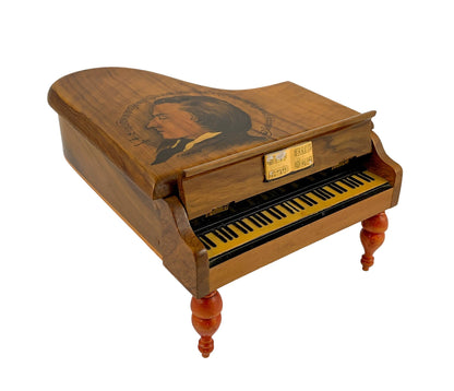 Antique Thorens baby grand piano walnut music jewellery box, silk lined, Emperor Waltz