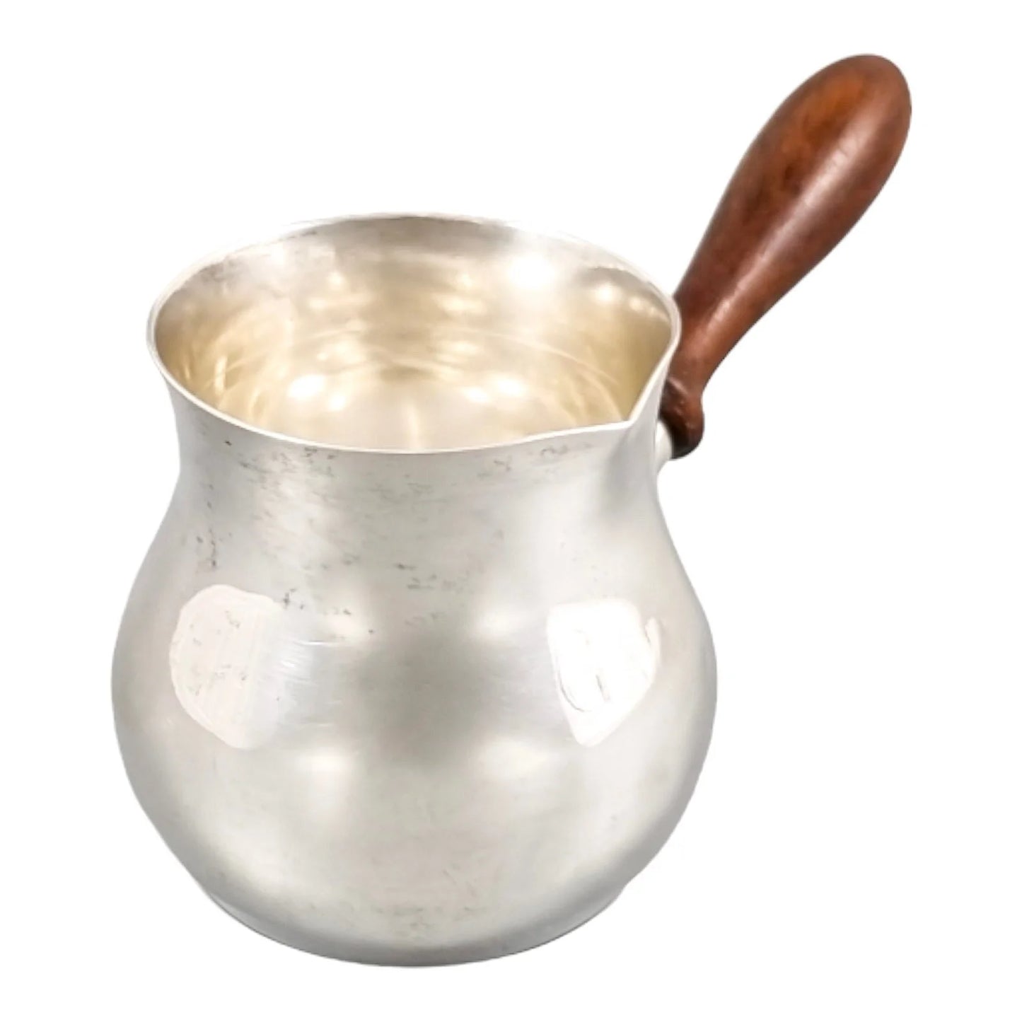 Edwardian American sterling silver brandy saucepan warmer / pipkin with turned wooden handle, inscribed “Gail”