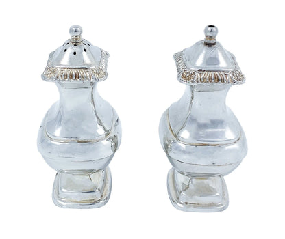 Vintage boxed Regency style four piece cruet set: mustard pot and spoon, salt and pepper shakers