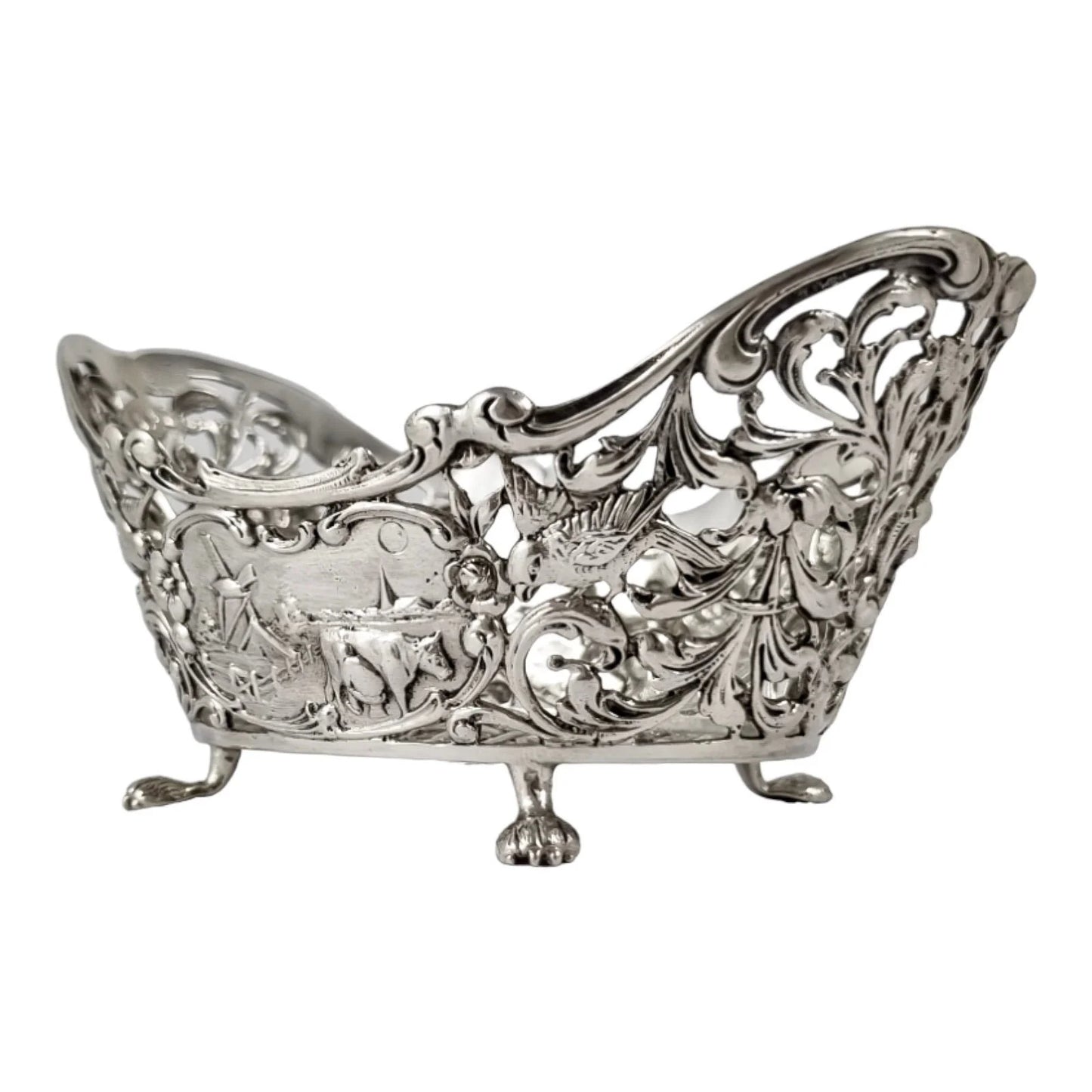 Bijkamp & Co Dutch silver bon bon pierced basket lion paw feet, village scenes and sugar tongs