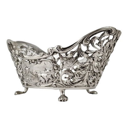 Bijkamp & Co Dutch silver bon bon pierced basket lion paw feet, village scenes and sugar tongs