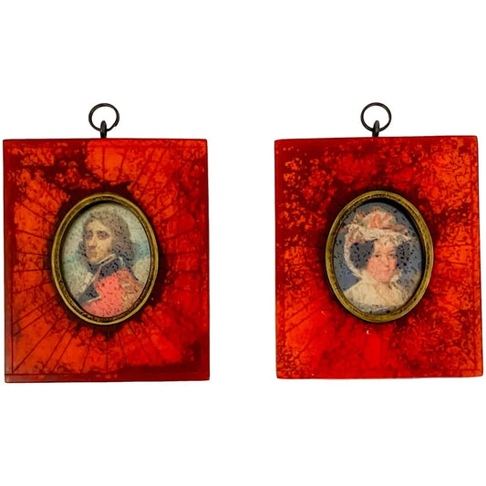 1850’s pair of Weston Profiles colour print portrait miniatures, red frames, New York