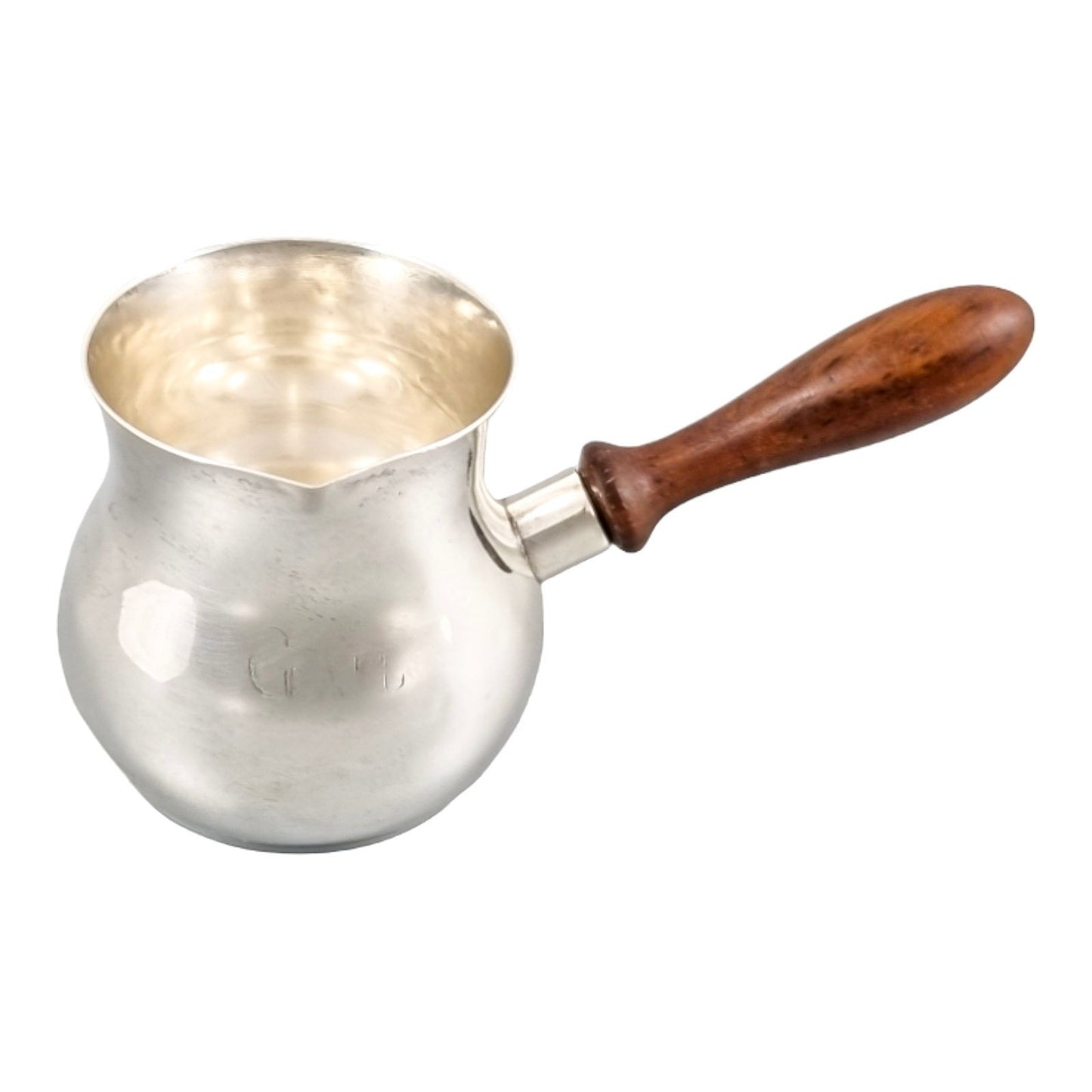 Edwardian American sterling silver brandy saucepan warmer / pipkin with turned wooden handle, inscribed “Gail”