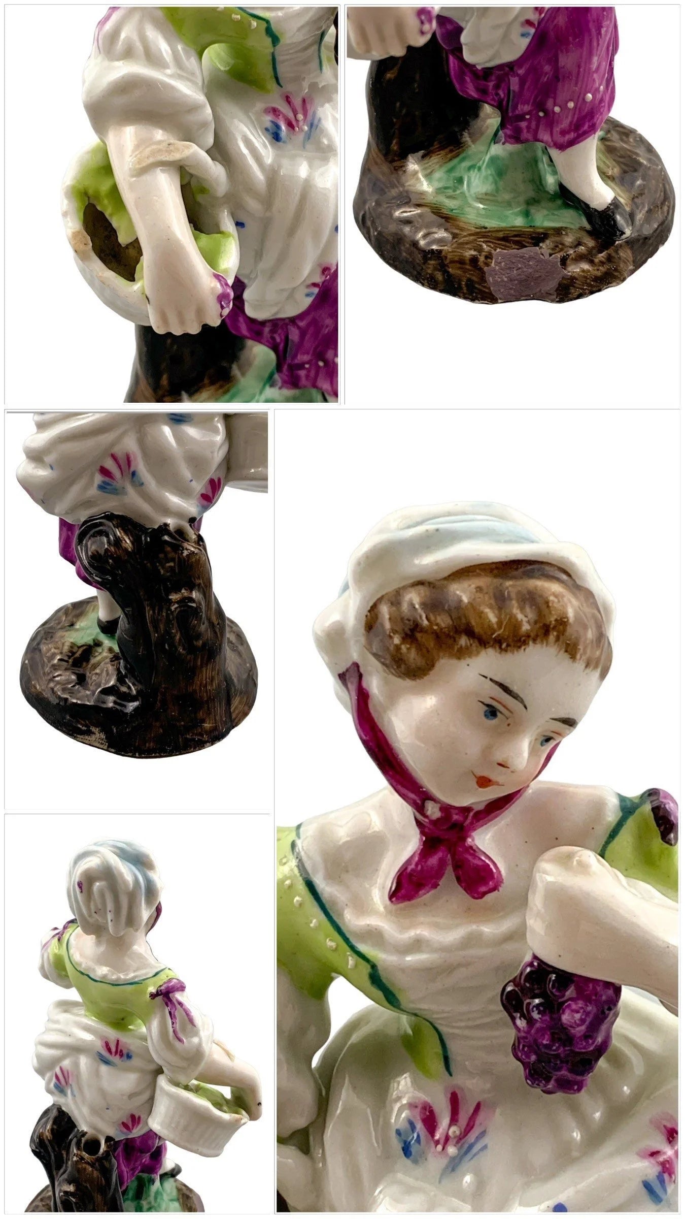 Victorian set of 3 German porcelain figurines – Regency dandy, fruit seller and musician