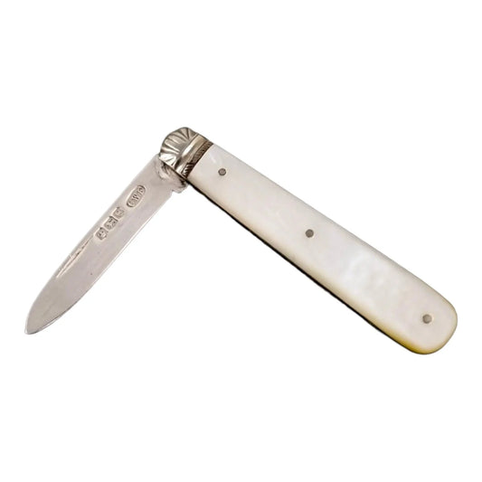Art Deco sterling silver mother-of-pearl folding pocket fruit knife CW Fletcher, 1922