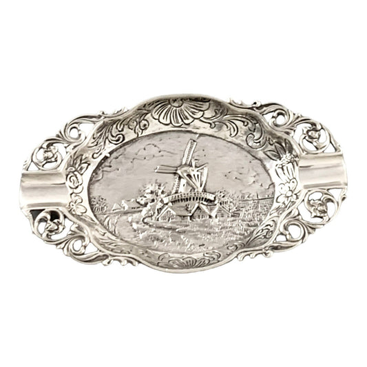 Vintage 1960’s Dutch solid silver 2-slot oval ashtray embossed with windmill landscape