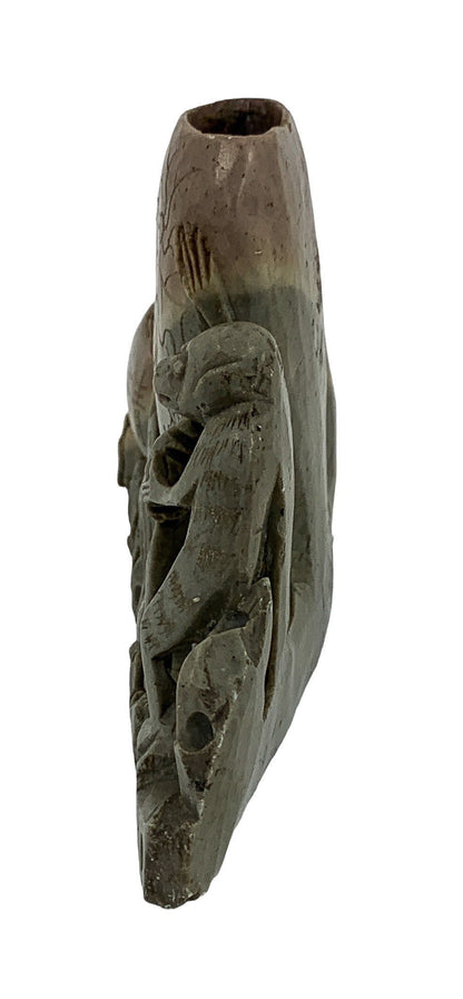 Chinese Republic soapstone calligraphy figural brush washer and brush pot with monkeys, birds, fish, figurine