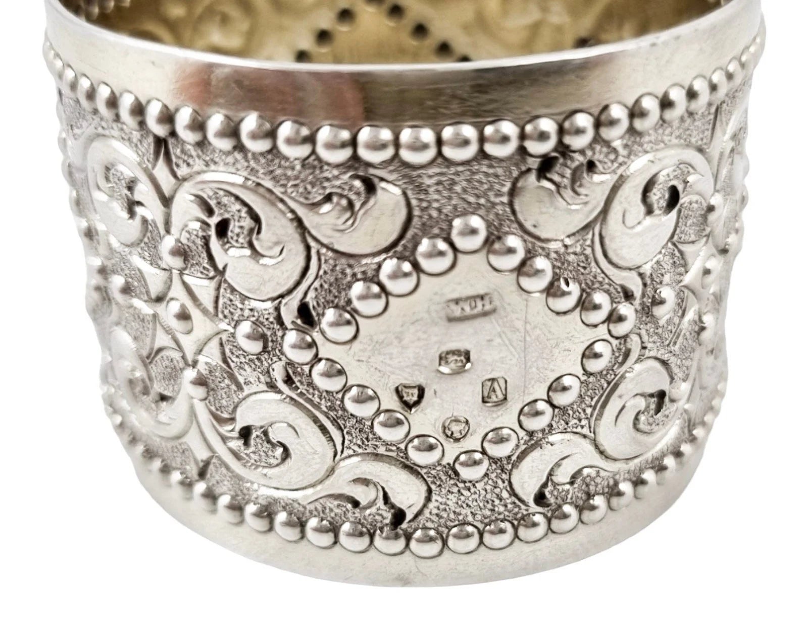 Victorian sterling silver boxed pair 2 napkin rings scrolls & beads, vacant cartouche, William Hunter 1876