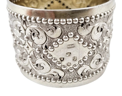 Victorian sterling silver boxed pair 2 napkin rings scrolls & beads, vacant cartouche, William Hunter 1876
