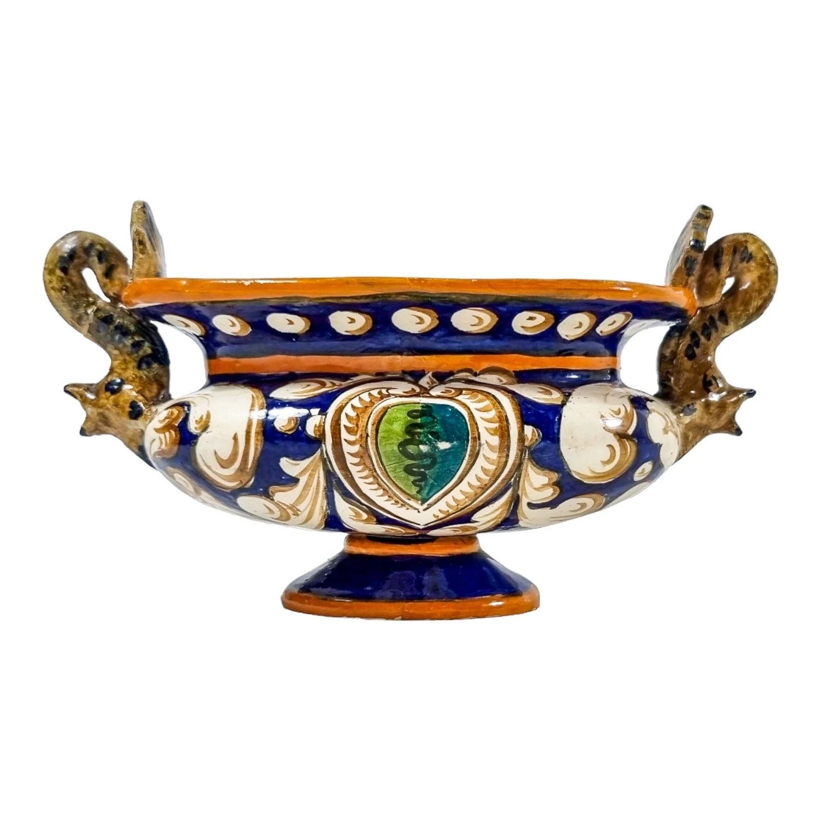 Antique Italian pottery majolica baluster bowl with Renaissance sea monster dolphin handles