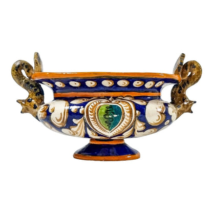 Antique Italian pottery majolica baluster bowl with Renaissance sea monster dolphin handles