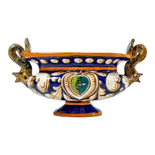 Antique Italian pottery majolica baluster bowl with Renaissance sea monster dolphin handles
