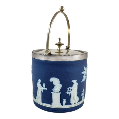 Victorian Wedgwood cobalt blue Jasperware Neoclassical biscuit barrel, silver plate mounts