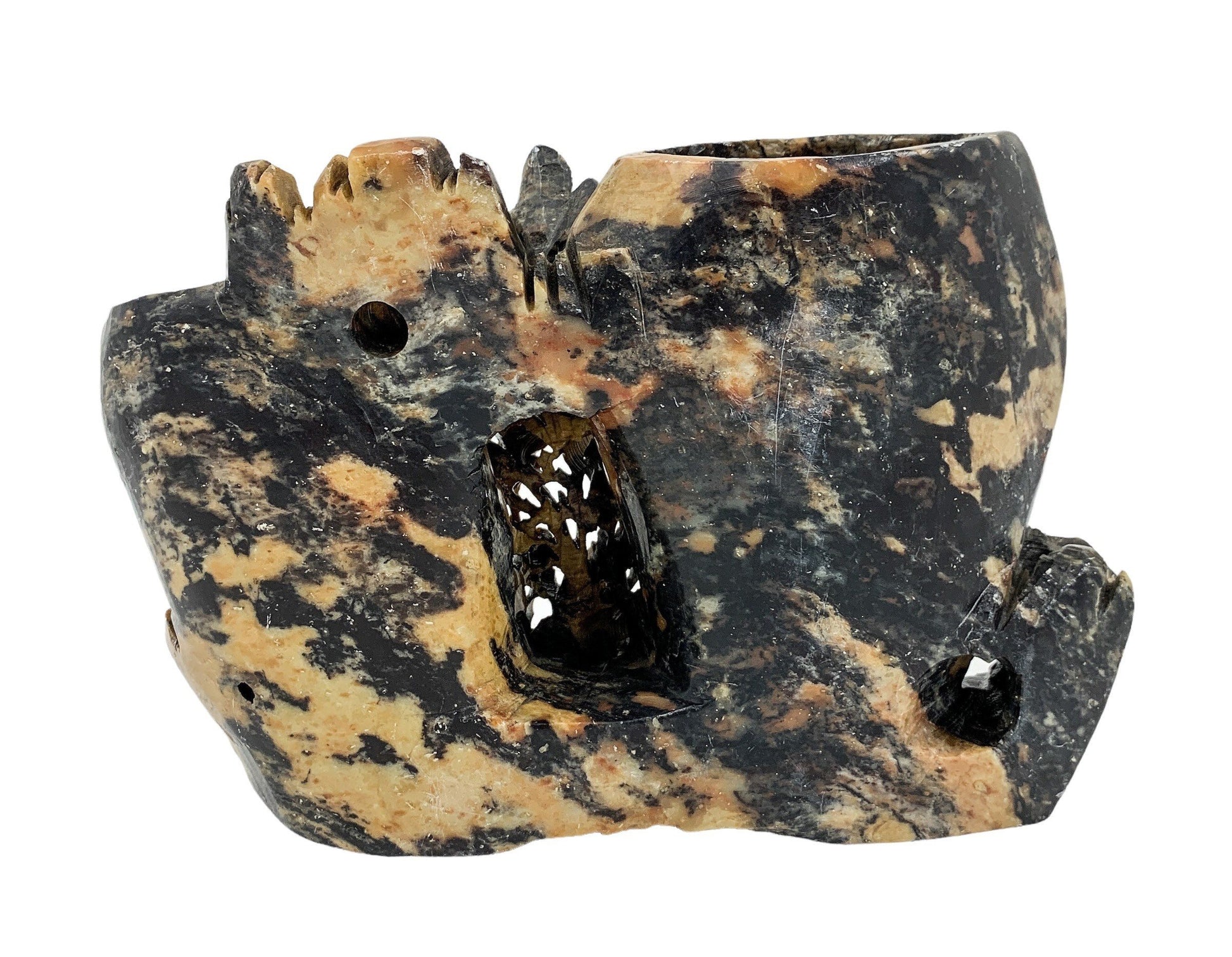 Chinese Republic yellow black soapstone calligraphy double brush pot figurine with flowers