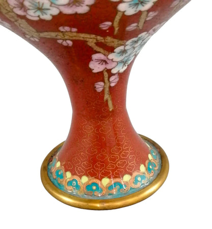 Vintage Chinese burnt red cloisonné bottle vase, pink and blue dogwood flowers