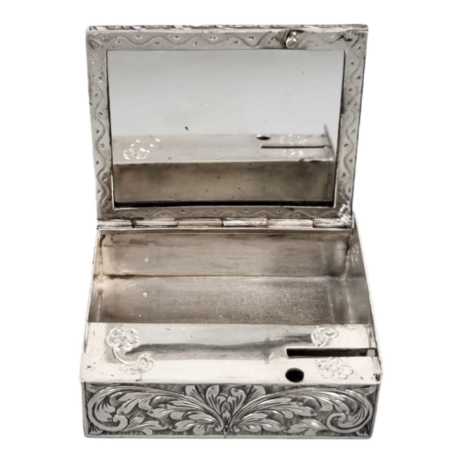 Art Deco Italian silver compact case with mirror & lipstick, Nardi Liberto, engraved scrolls