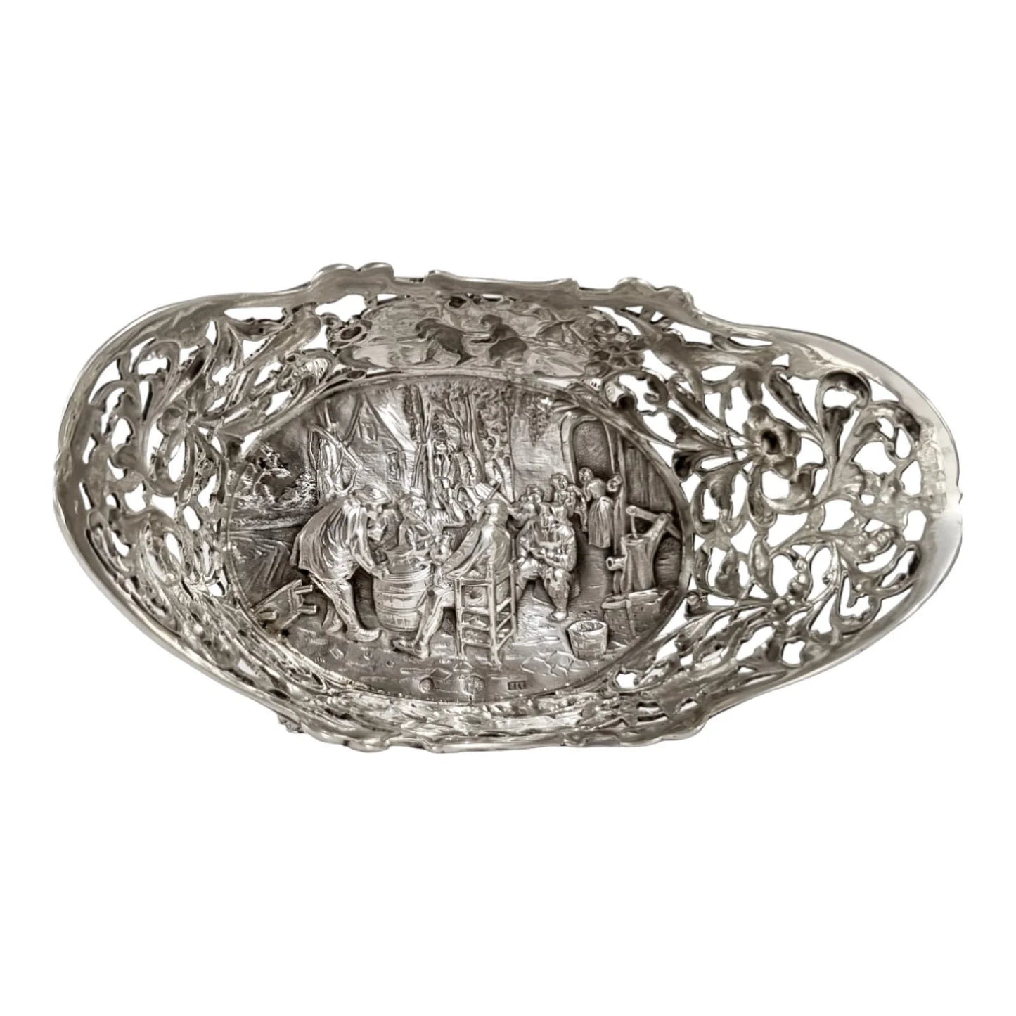 Bijkamp & Co Dutch silver bon bon pierced basket lion paw feet, village scenes and sugar tongs