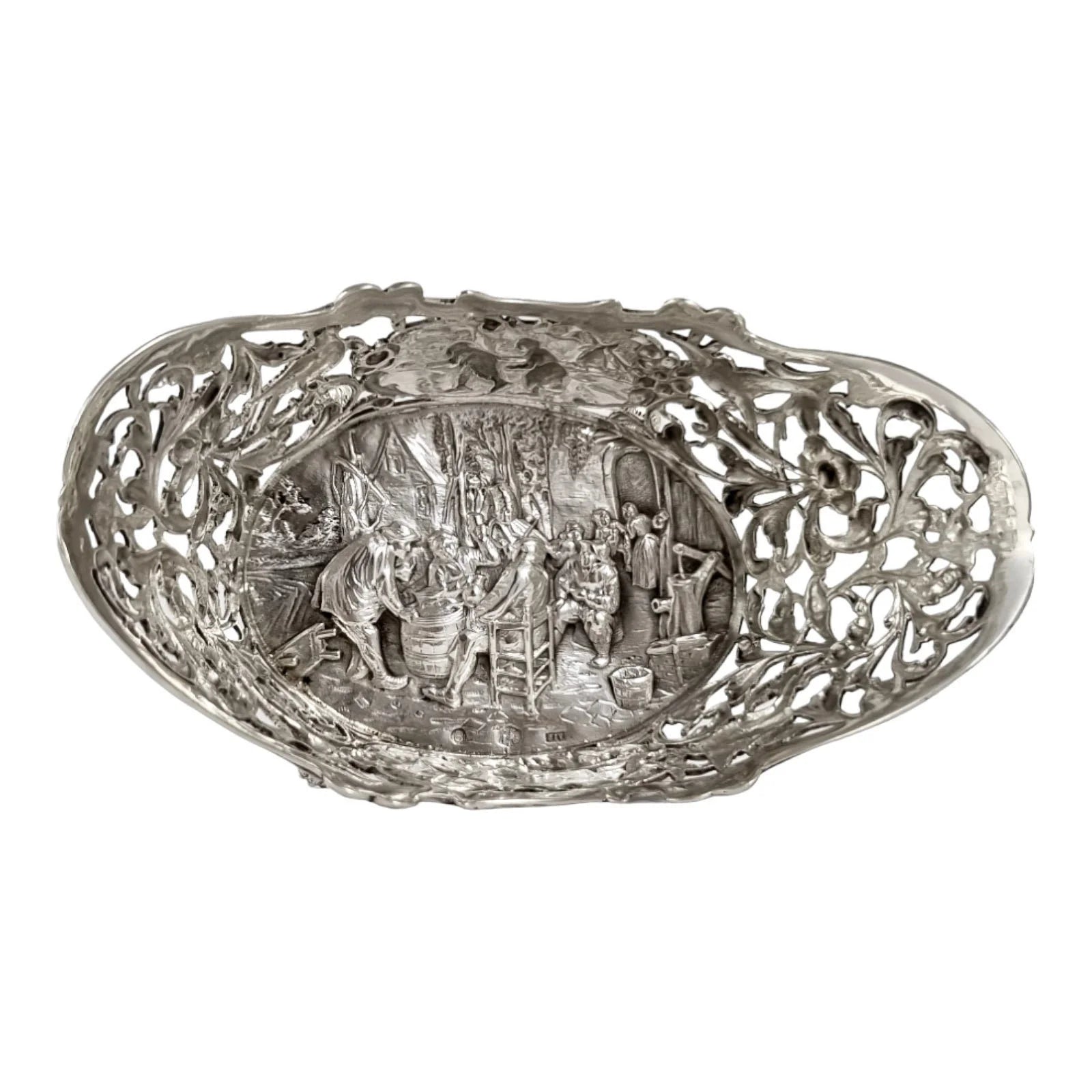 Bijkamp & Co Dutch silver bon bon pierced basket lion paw feet, village scenes and sugar tongs