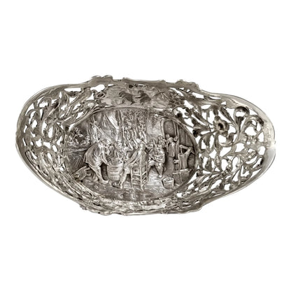 Bijkamp & Co Dutch silver bon bon pierced basket lion paw feet, village scenes and sugar tongs