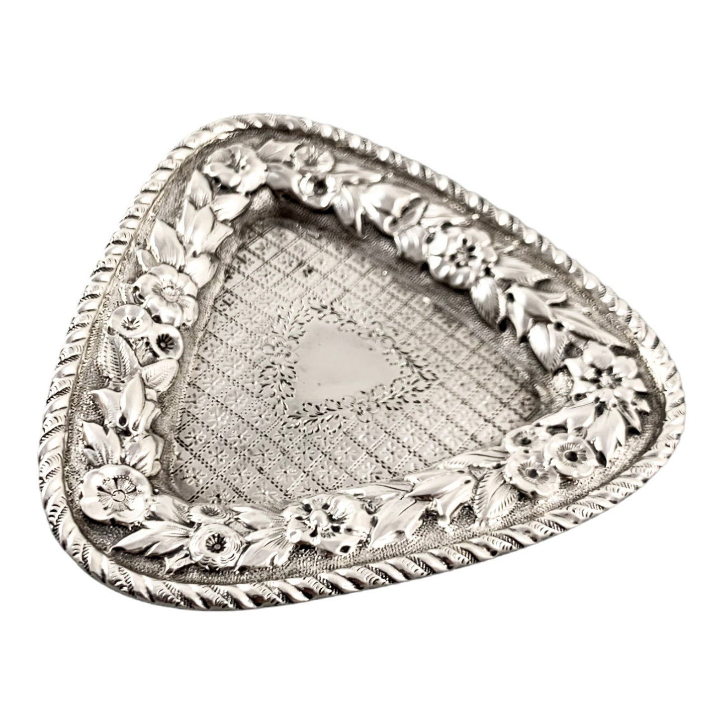 Edwardian sterling silver triangular trinket pin dish embossed with flowers, Deakin & Francis