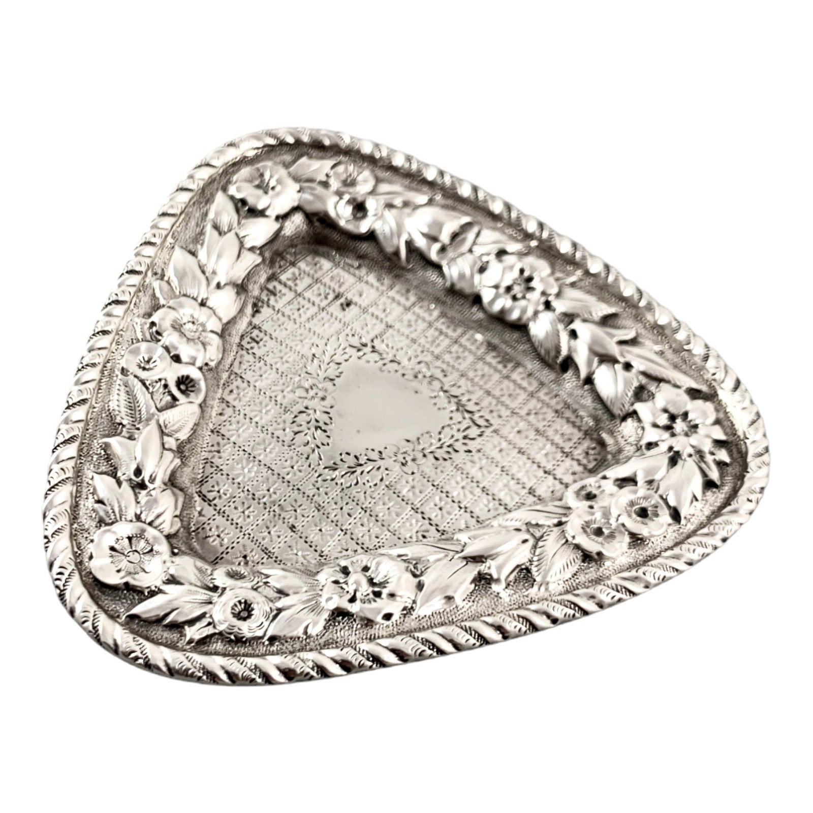 Edwardian sterling silver triangular trinket pin dish embossed with flowers, Deakin & Francis