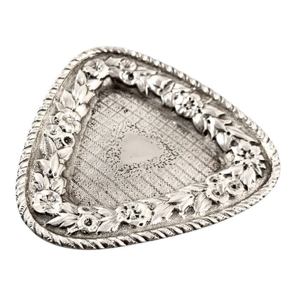 Edwardian sterling silver triangular trinket pin dish embossed with flowers, Deakin & Francis