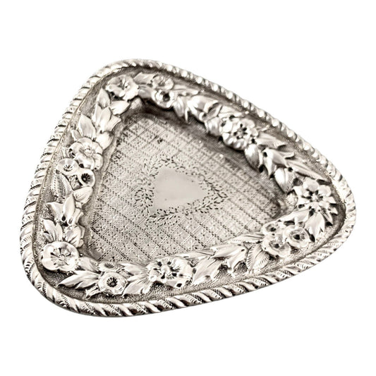 Edwardian sterling silver triangular trinket pin dish embossed with flowers, Deakin & Francis