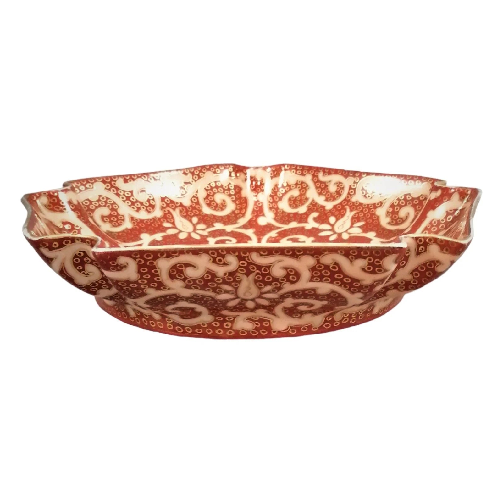 19th century Rauenstein Chinoiserie porcelain 5-sided bowl, red and gilt scrolls