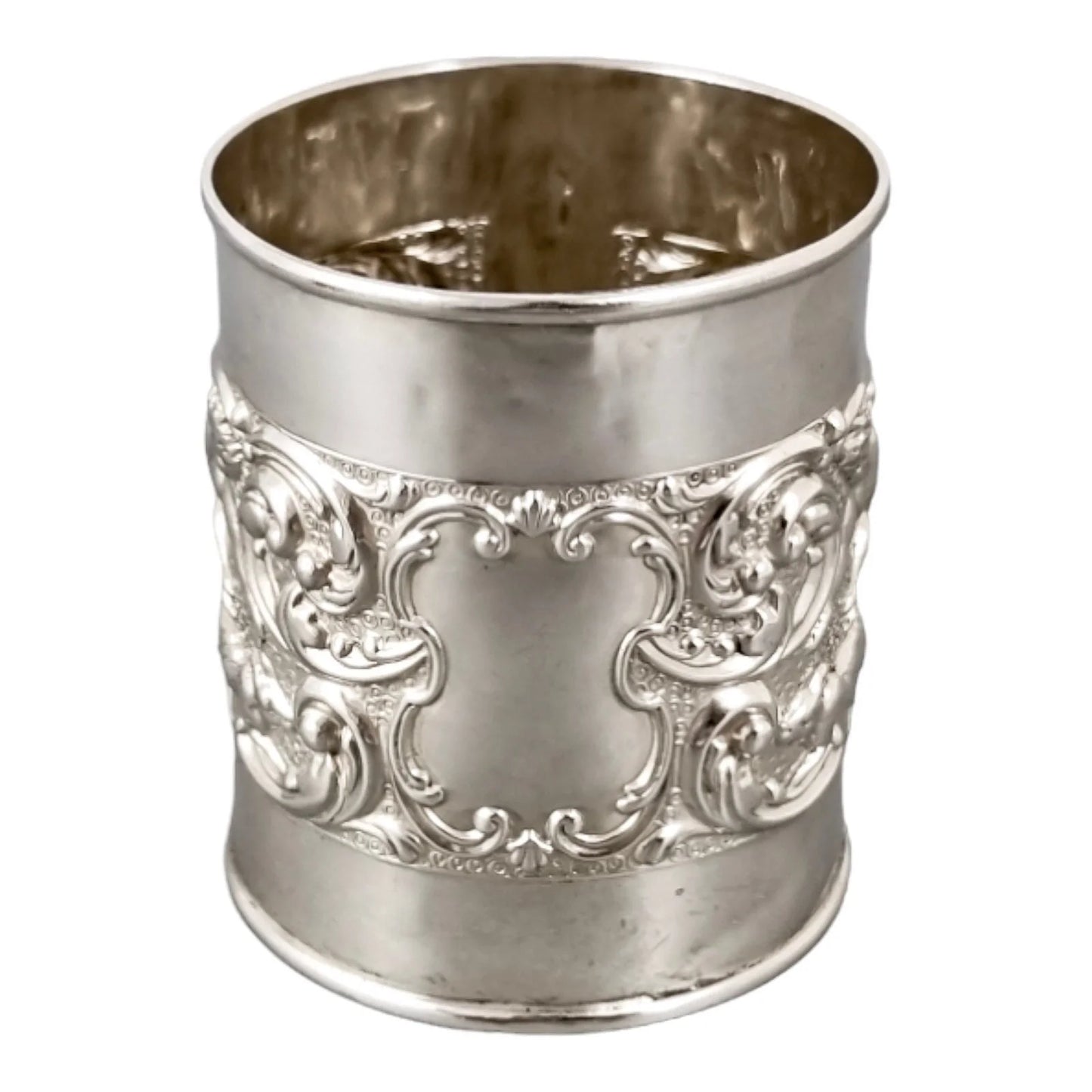 Edwardian sterling silver Christening cup embossed cherubs, rabbits and scrolling foliage, Crisford & Norris