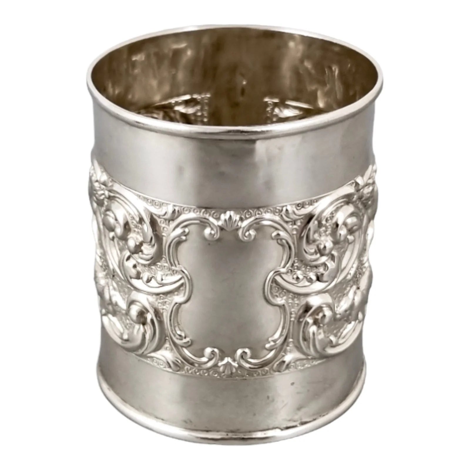 Edwardian sterling silver Christening cup embossed cherubs, rabbits and scrolling foliage, Crisford & Norris