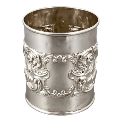 Edwardian sterling silver Christening cup embossed cherubs, rabbits and scrolling foliage, Crisford & Norris