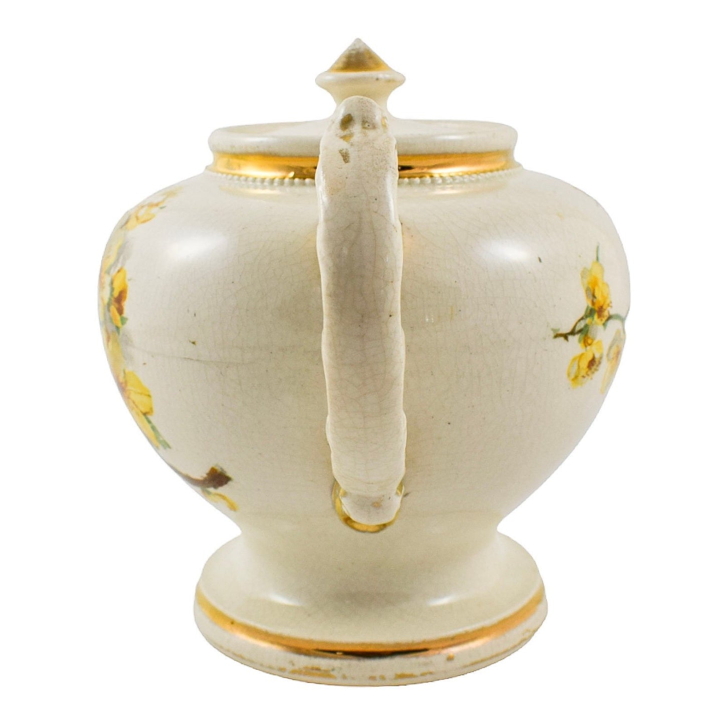 Edwardian pedestal baluster teapot, yellow flowers on cream body, moulded handle