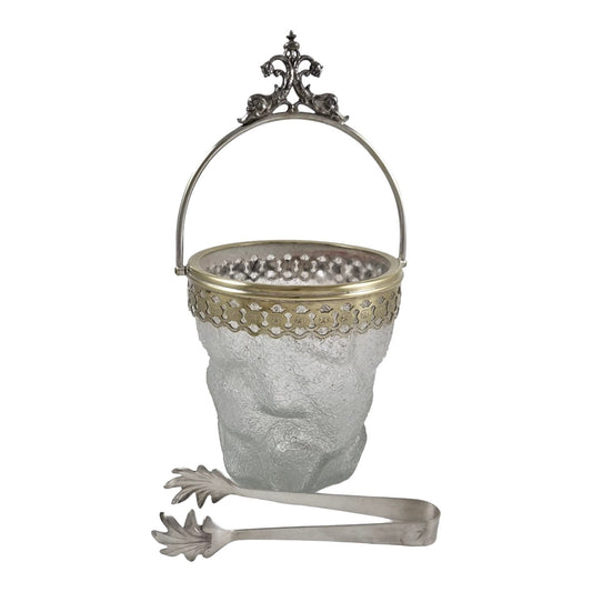 Victorian WMF swing handle ice bucket with frosted crackled glass, ice-cube shape, bird claw tongs