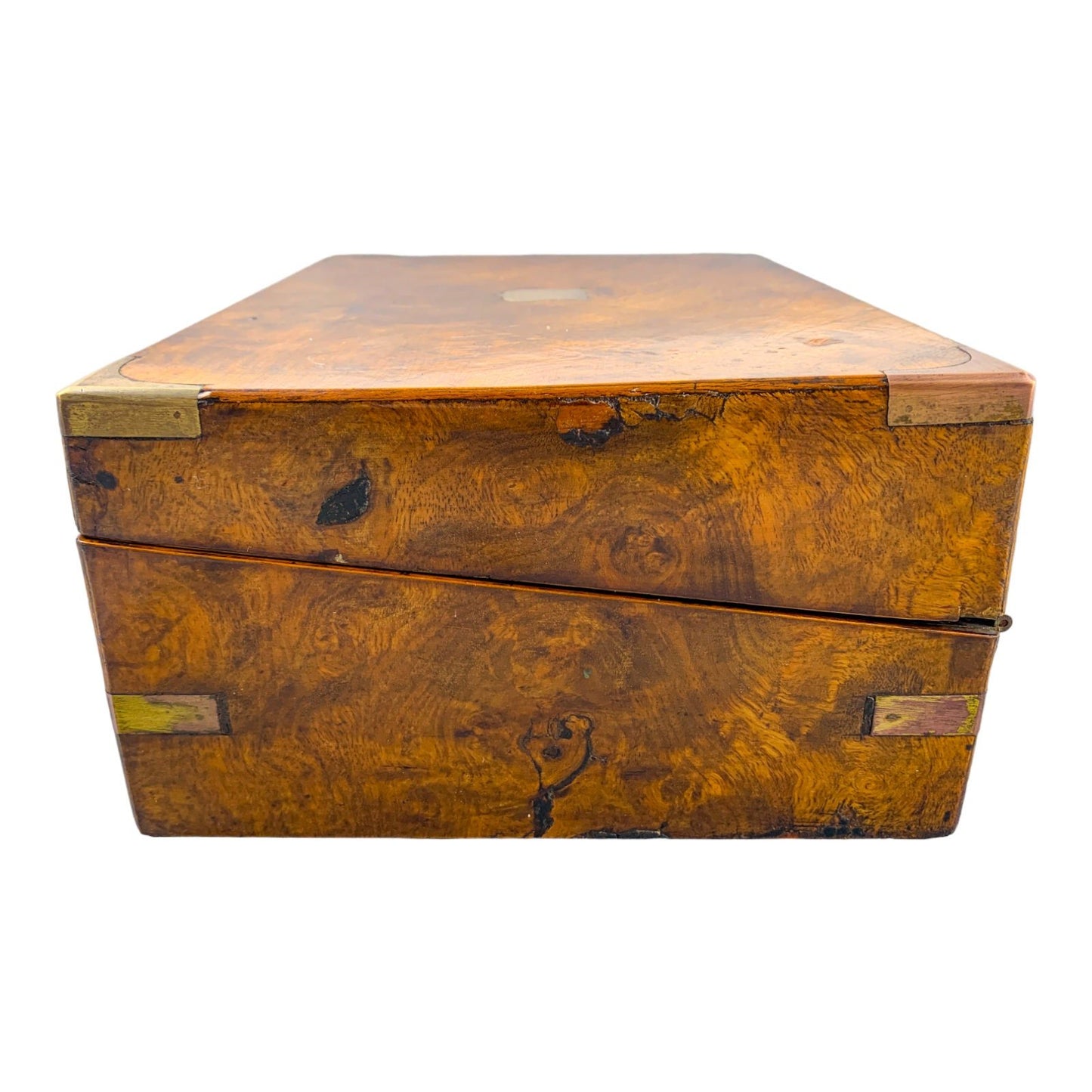 Victorian walnut military campaign writing slope with brass mounts and vacant shield, with key