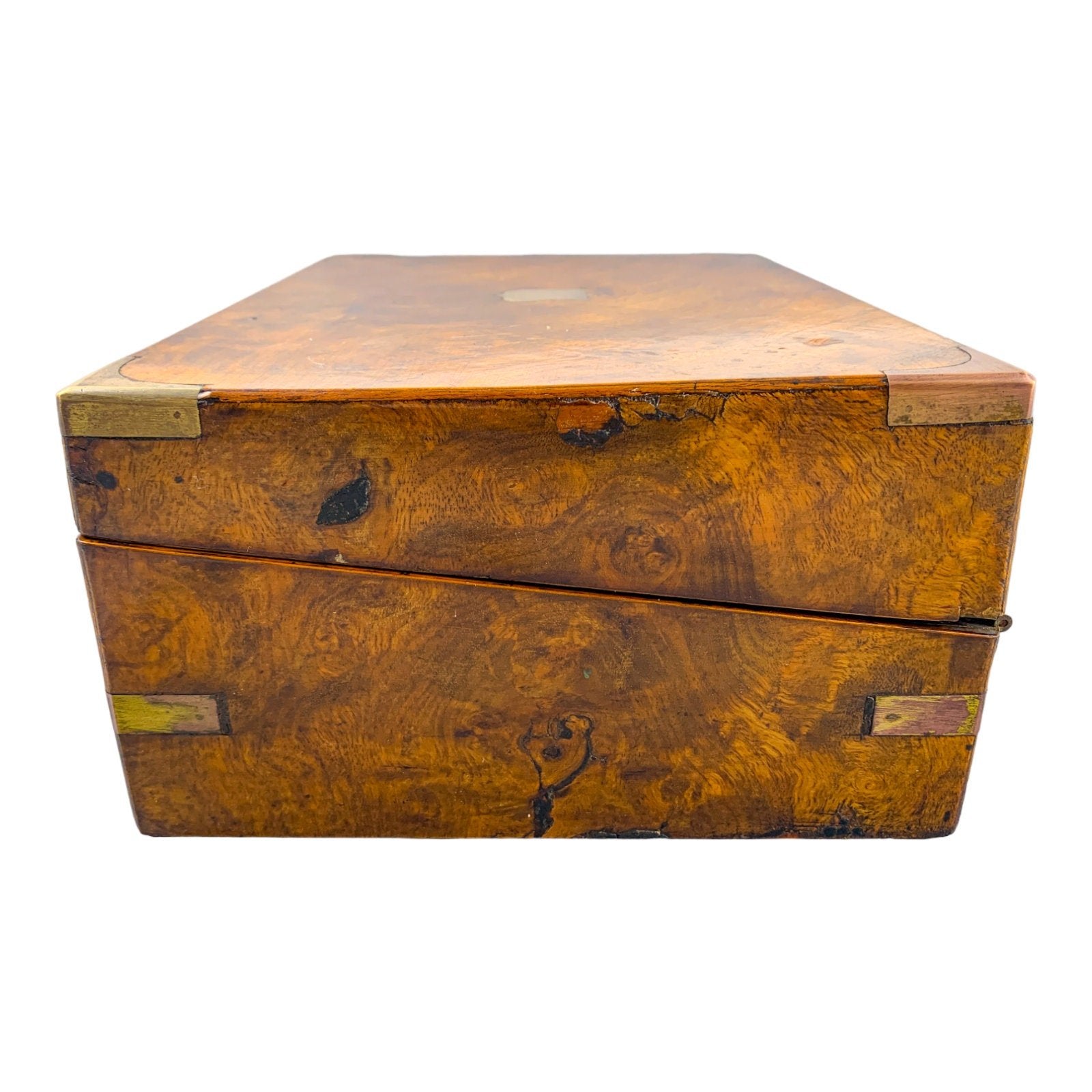 Victorian walnut military campaign writing slope with brass mounts and vacant shield, with key
