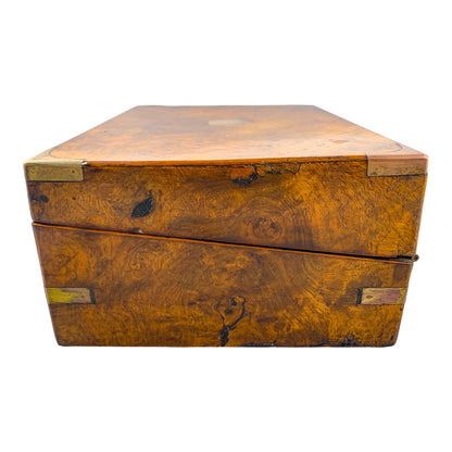 Victorian walnut military campaign writing slope with brass mounts and vacant shield, with key