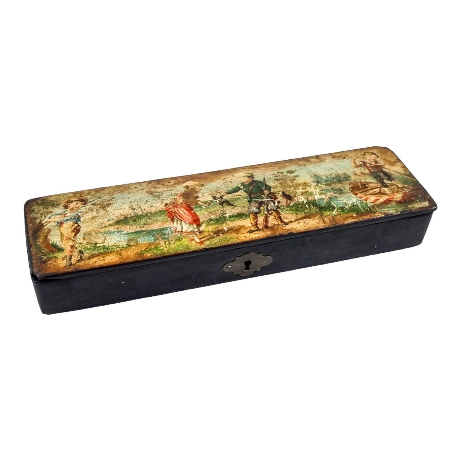 Victorian lacquered papier mache pencil case / pen box with hand-painted children