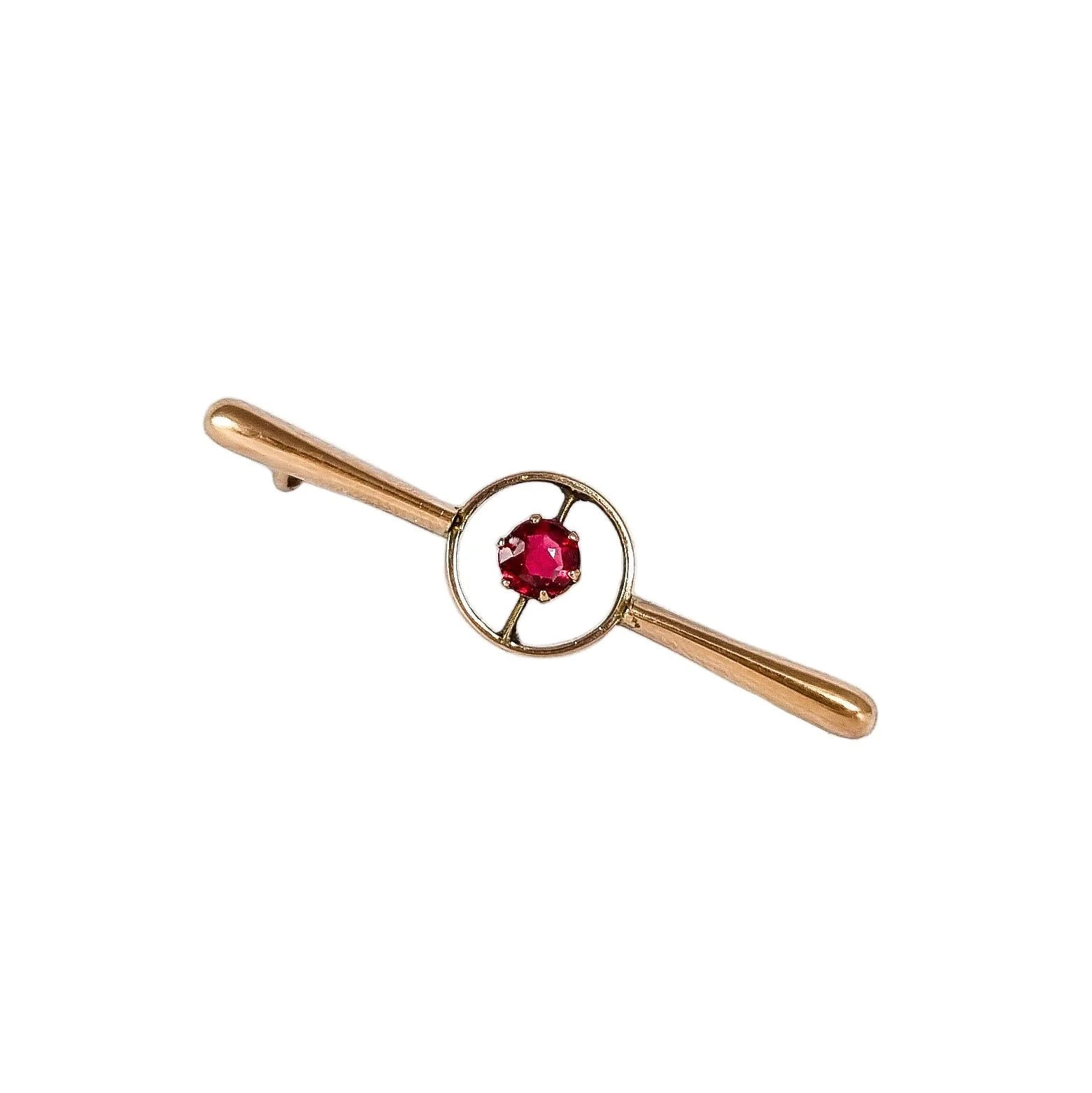 Victorian 9ct yellow gold ruby tie pin bar brooch, old European cut, C-clasp