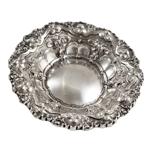 Portuguese 833 silver fruit bowl, eagle mark, scrolls, shells and flowers with Rococo repoussage, Porto