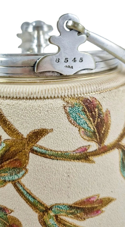 Art Nouveau Taylor Tunnicliffe & Co gilded pottery Secessionist peony floral biscuit barrel, silver plate mounts