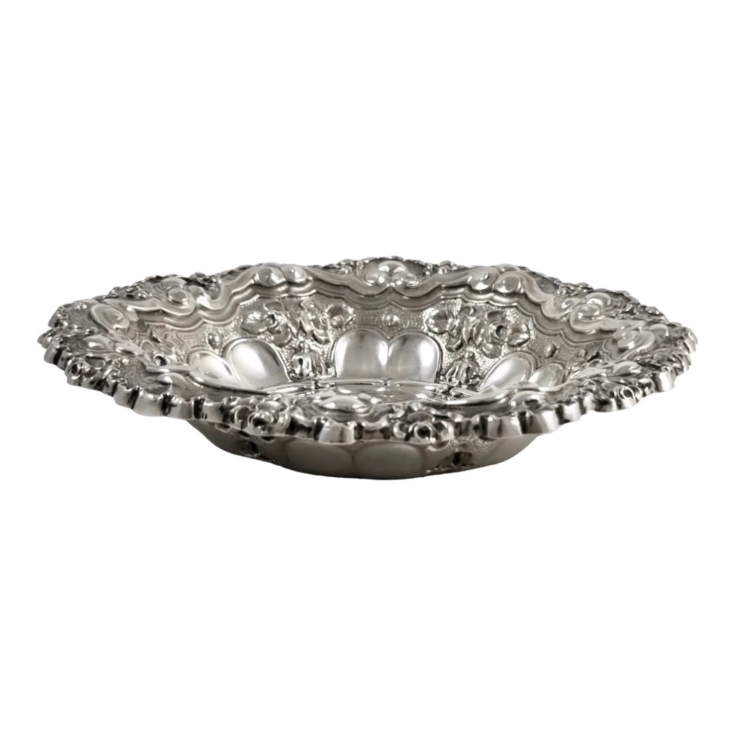 Portuguese 833 silver fruit bowl, eagle mark, scrolls, shells and flowers with Rococo repoussage, Porto